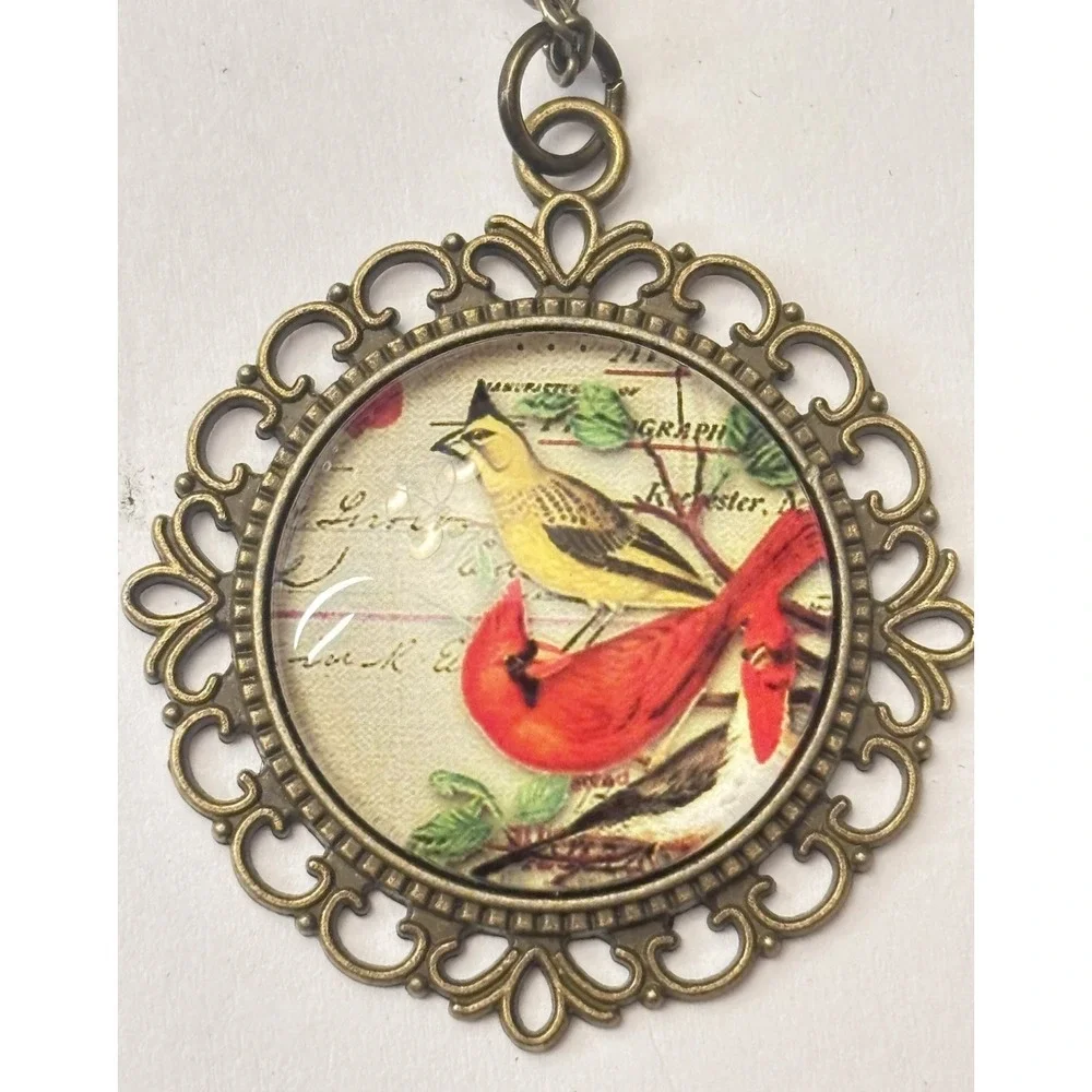 Red Cardinal Yellow Bird Cabochon Glass Pendant with Bronze 24